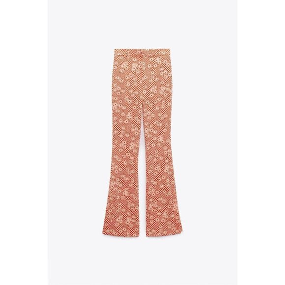 NEW ZARA Orange Daisy Print Flare Bottom Pants Size S Boho Hippie 70s Peace - Picture 2 of 7